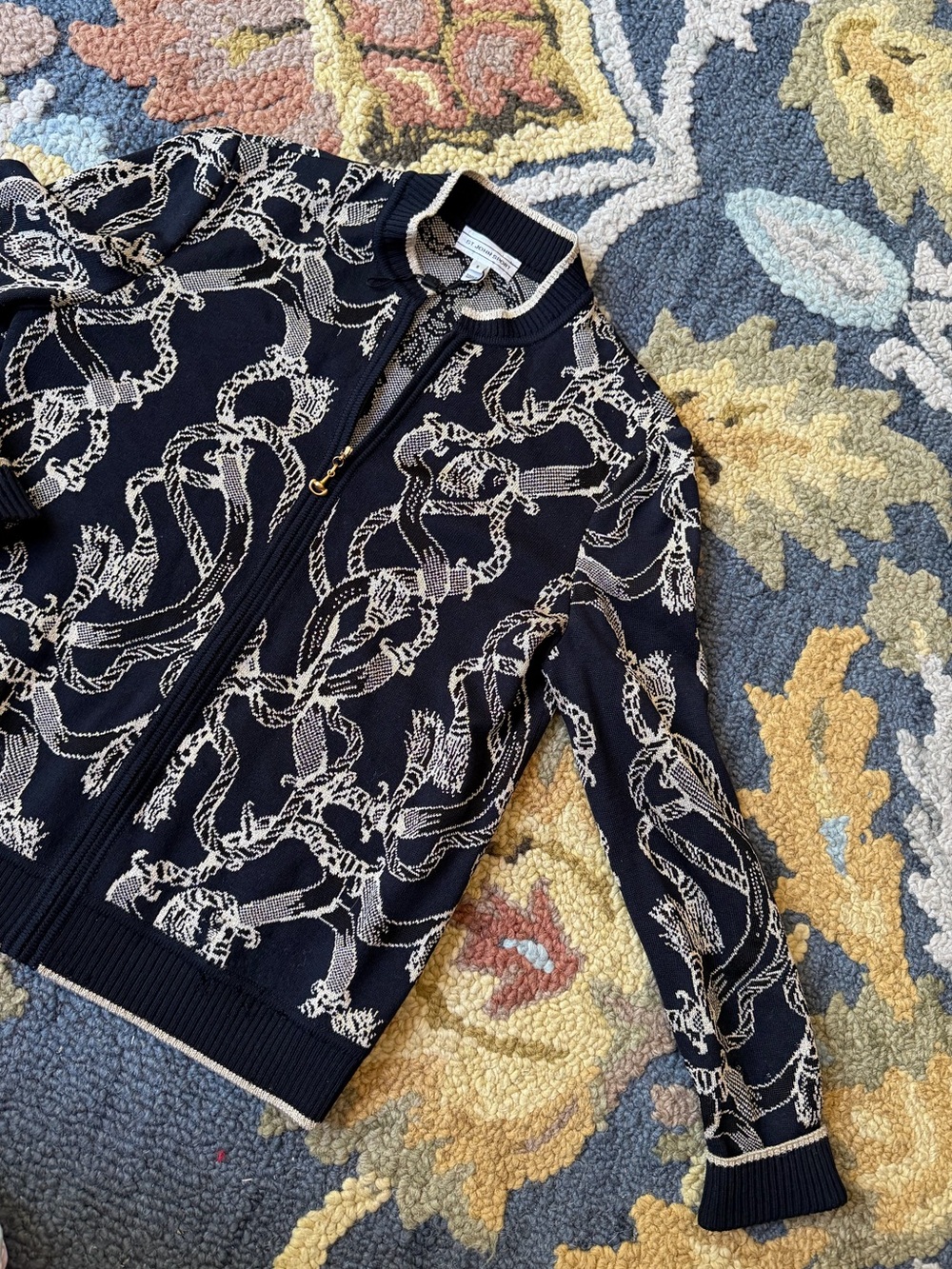 St. John Sport Knit Cardigan Black + Gold Metallic Chain Pattern SZ Small FLAWED - Picture 4 of 9